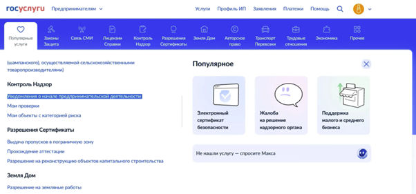Выбор услуги Уведомление о начале предпринимательской деятельности на Госуслугах